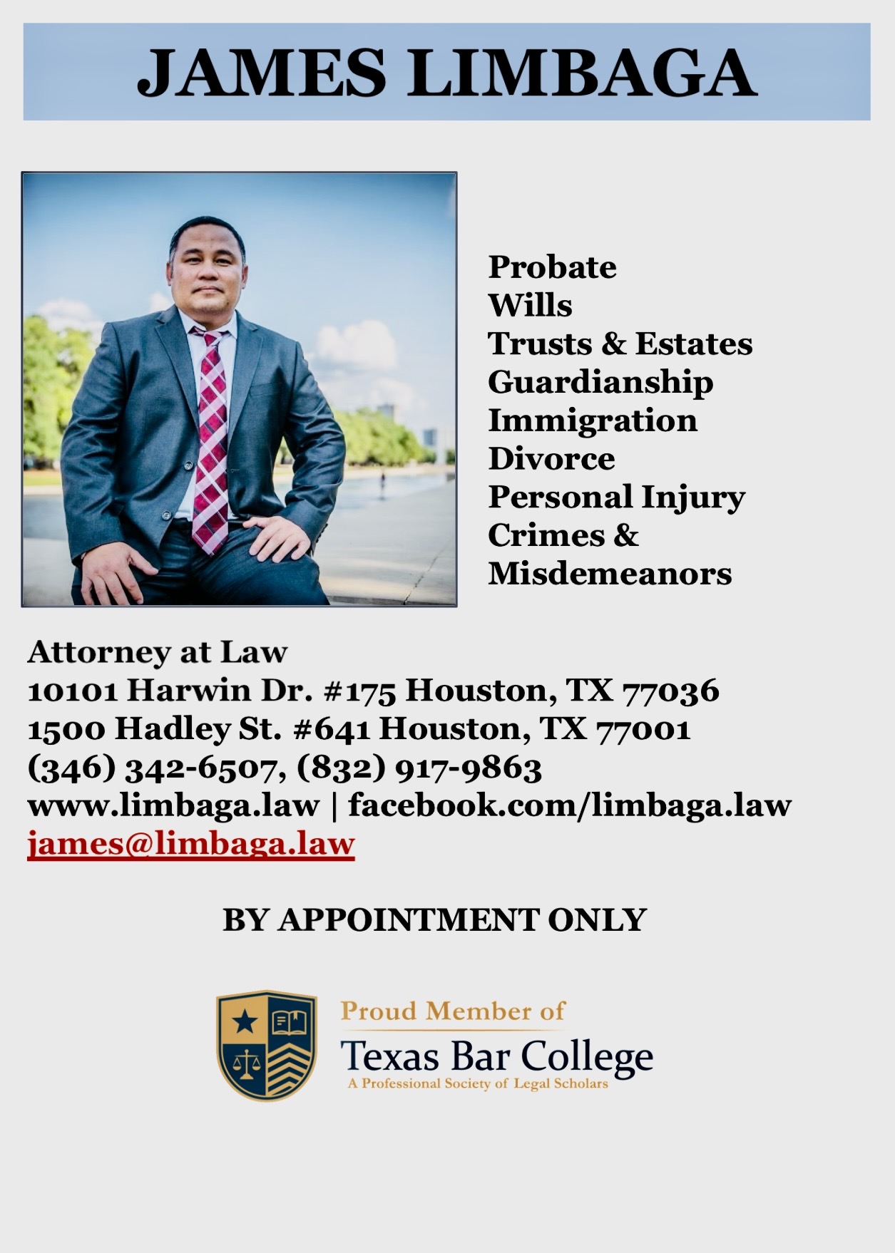Professional portrait of James Limbaga seated outdoors in a suit.