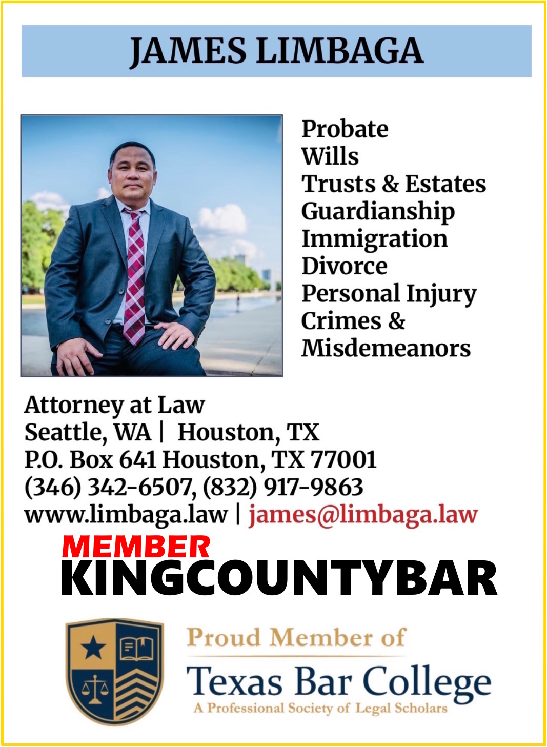 James Limbaga professional card listing practice areas and bar memberships